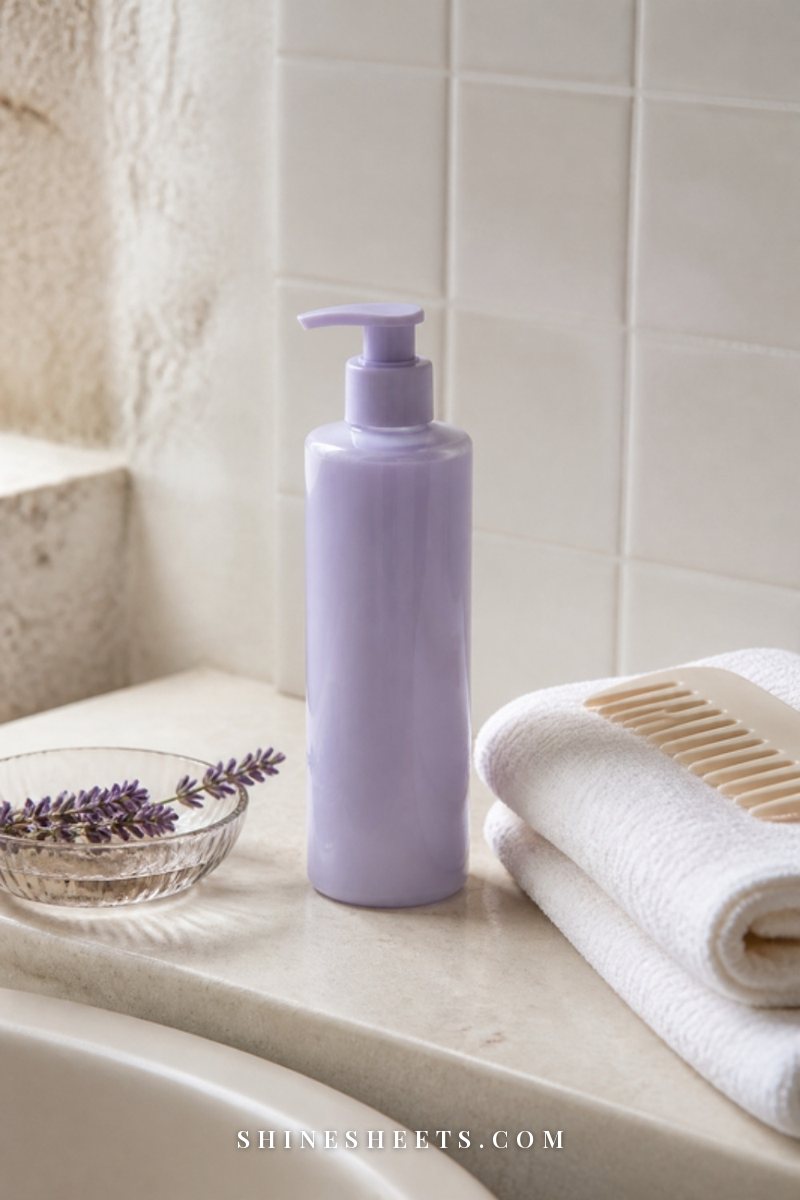 A pale lavender shampoo bottle without a label on a white marble bath ledge with a folded cream towel