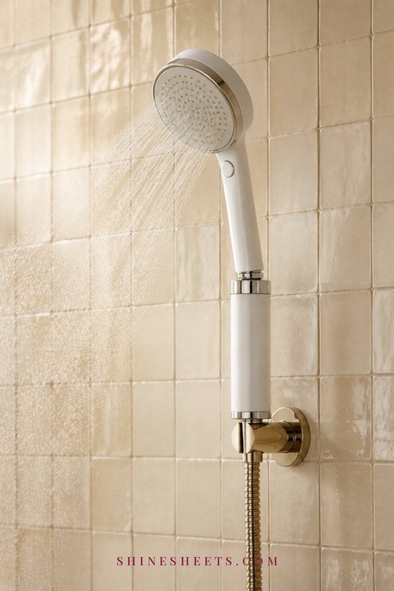A white shower head with a cream filter attachment in a bright bathroom with beige tiles and eucalyptus