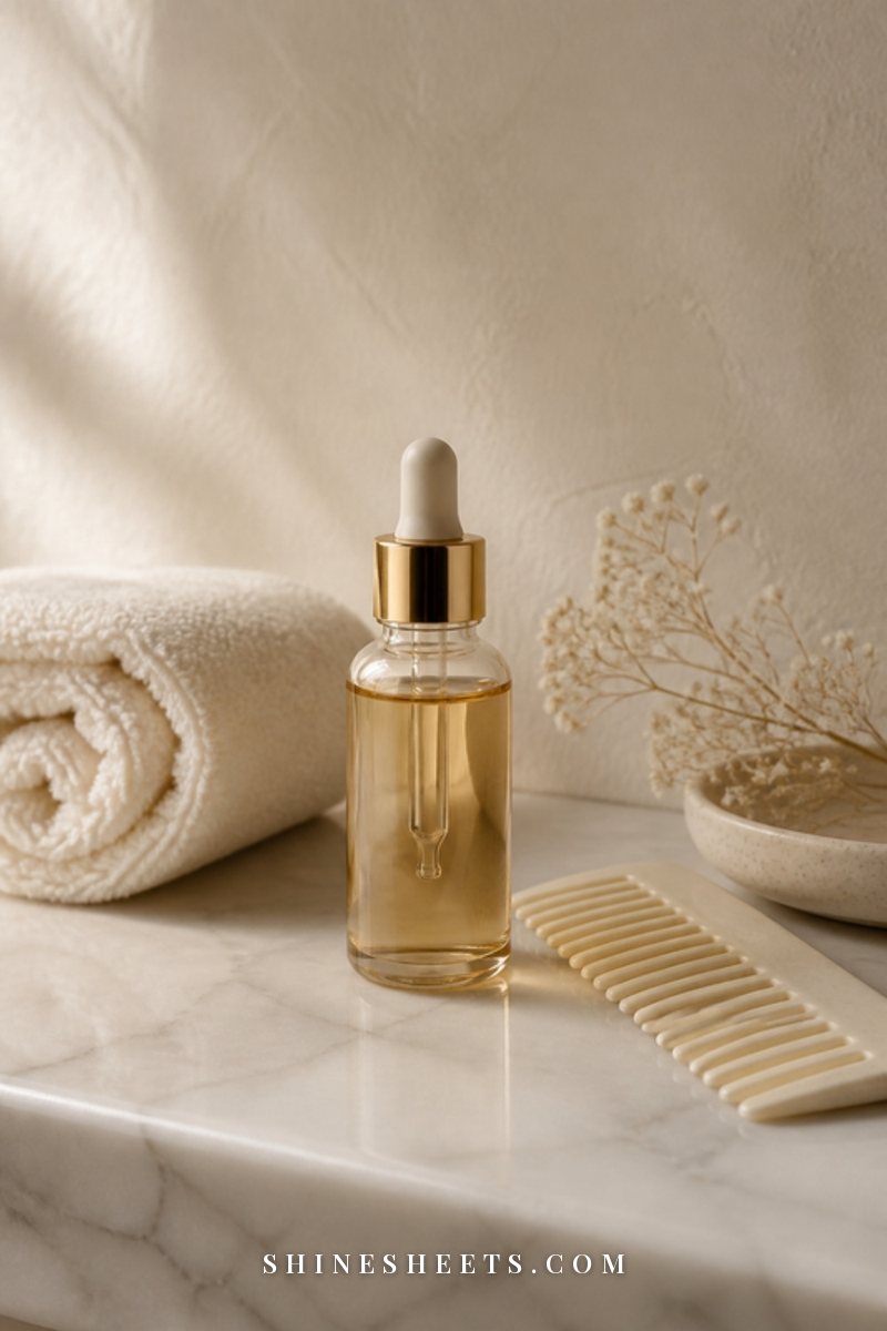 A wooden wide-tooth comb, a cream towel and a glass bottle of hair oil on a beige bathroom shelf