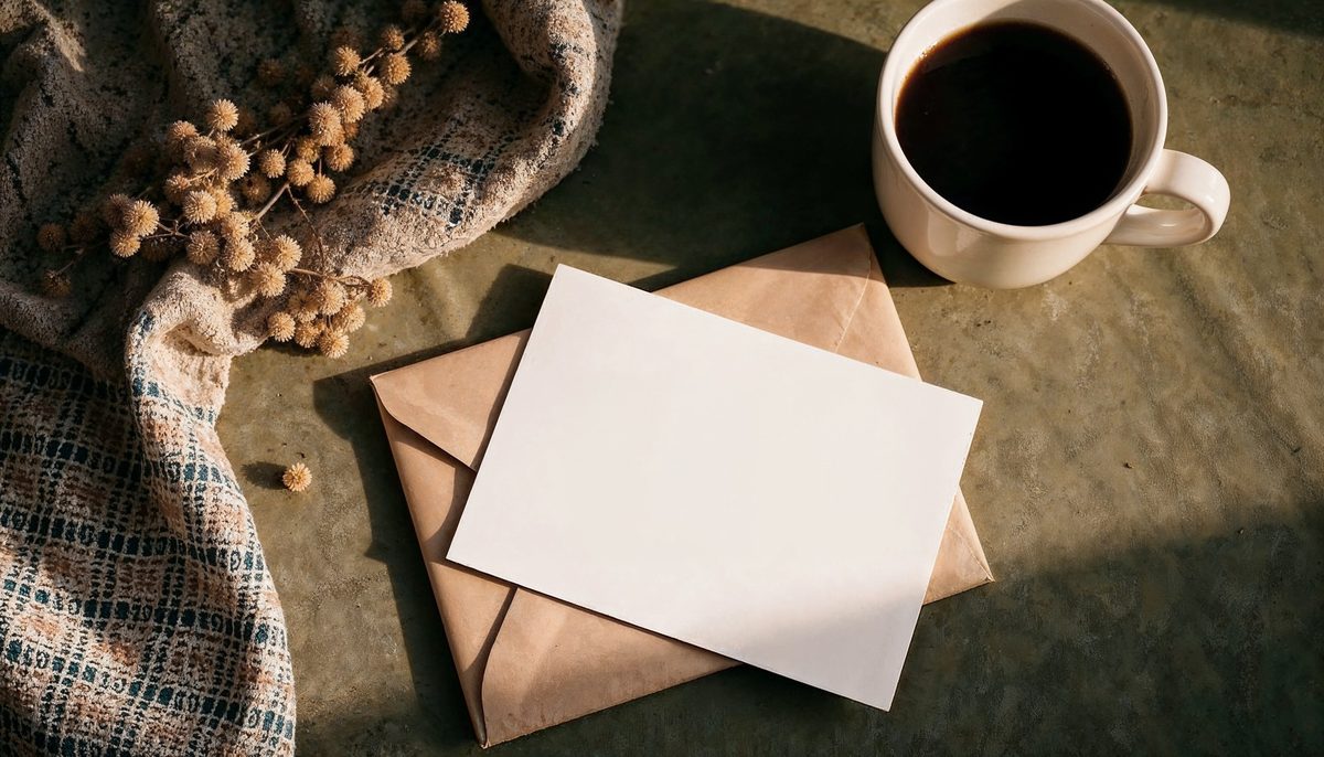 Blank card, envelope, a cup of coffee and dried flowers on a cozy table