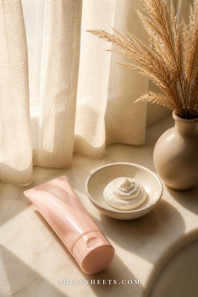 A bottle of sunscreen, a cream moisturizer and a white face towel on a sunlit bathroom counter