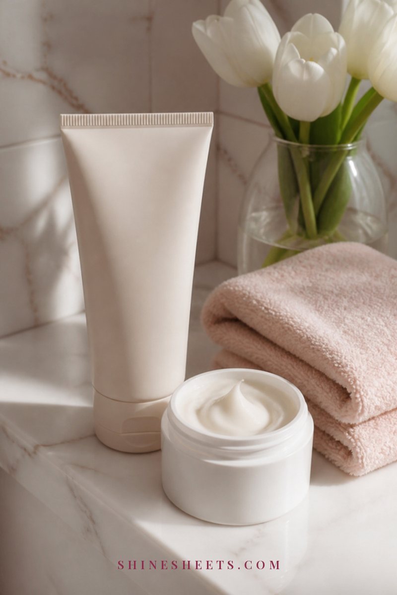 A soft cream face towel, a small jar of gentle balm and a sprig of chamomile on a white linen cloth