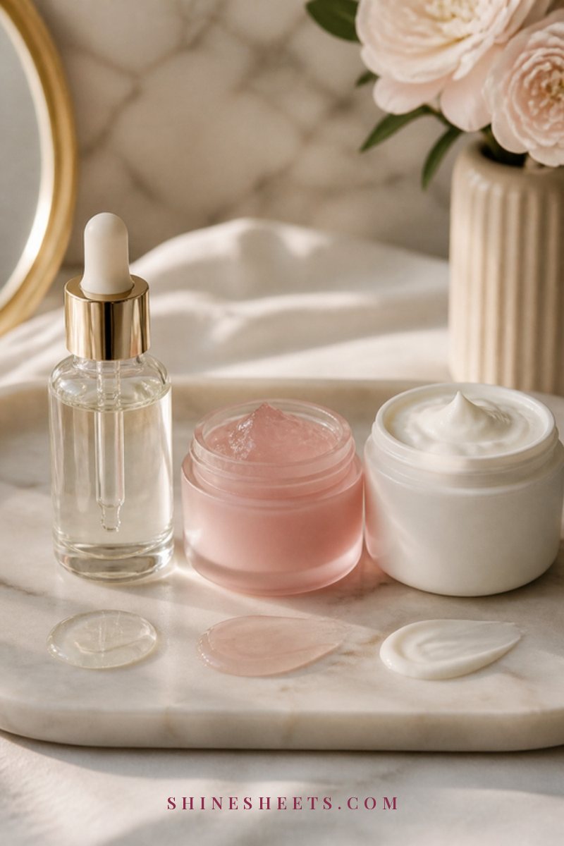A light gel moisturizer jar and a rich cream jar side by side on a marble tray with a white orchid