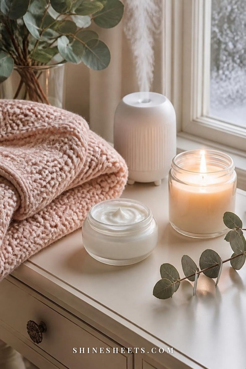 Rich cream jar and a cream knit sweater sleeve on a wooden windowsill on a frosty winter morning
