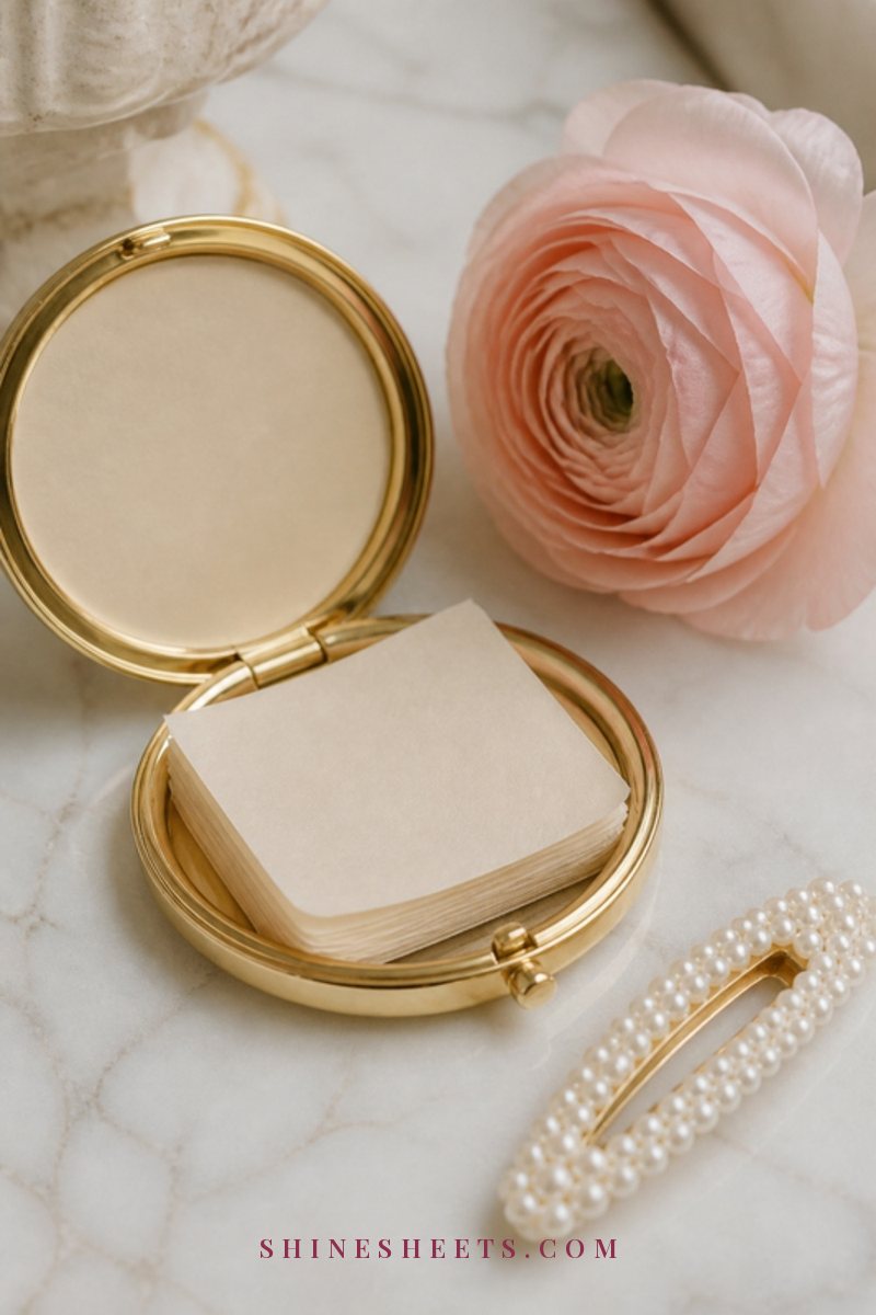 Small stack of blotting papers in a gold compact on a white marble surface beside a blush flower