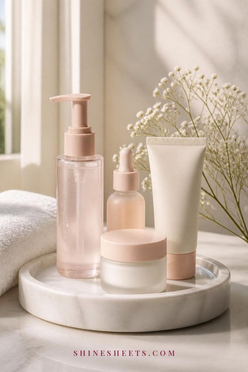 Four simple skincare bottles in cream and blush tones on a white marble tray with a fresh white towel in soft morning light
