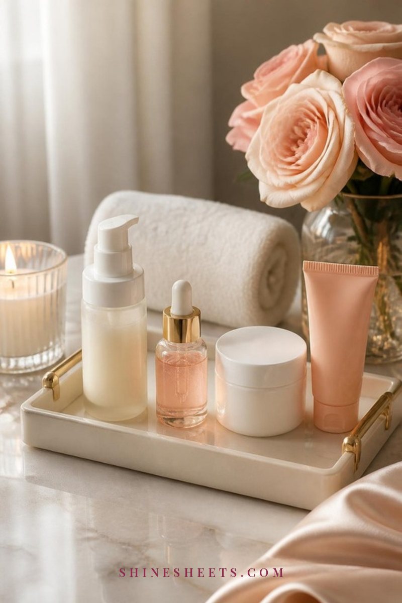 A morning and evening skincare set on a cream vanity tray with a glass candle, a white towel and a small vase of blush roses