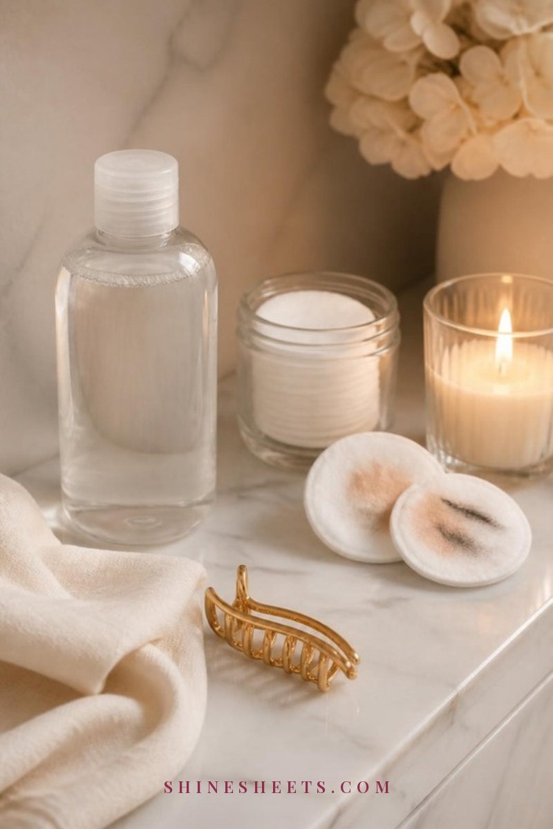 Round white cotton pads, a clear bottle of micellar water and a folded cream muslin cloth on a white bathroom counter