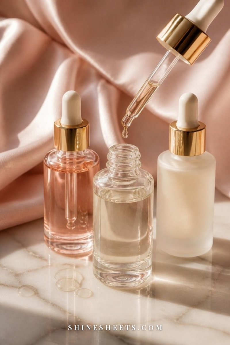 Three glass dropper serum bottles in clear, blush and cream tones arranged on a white marble surface with soft shadows