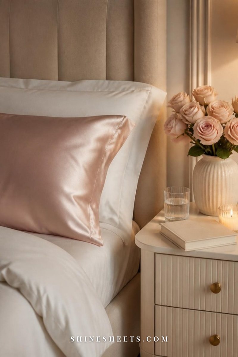 A neatly made bed with a blush silk pillowcase, a glass of water and a closed cream journal on the nightstand