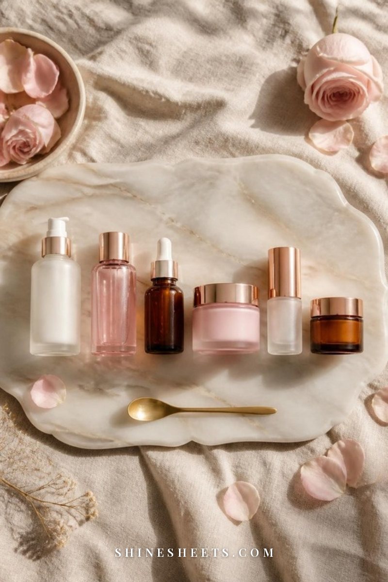 Six unlabeled skincare bottles lined up in a row on a cream marble tray, from smallest to largest, with soft blush petals