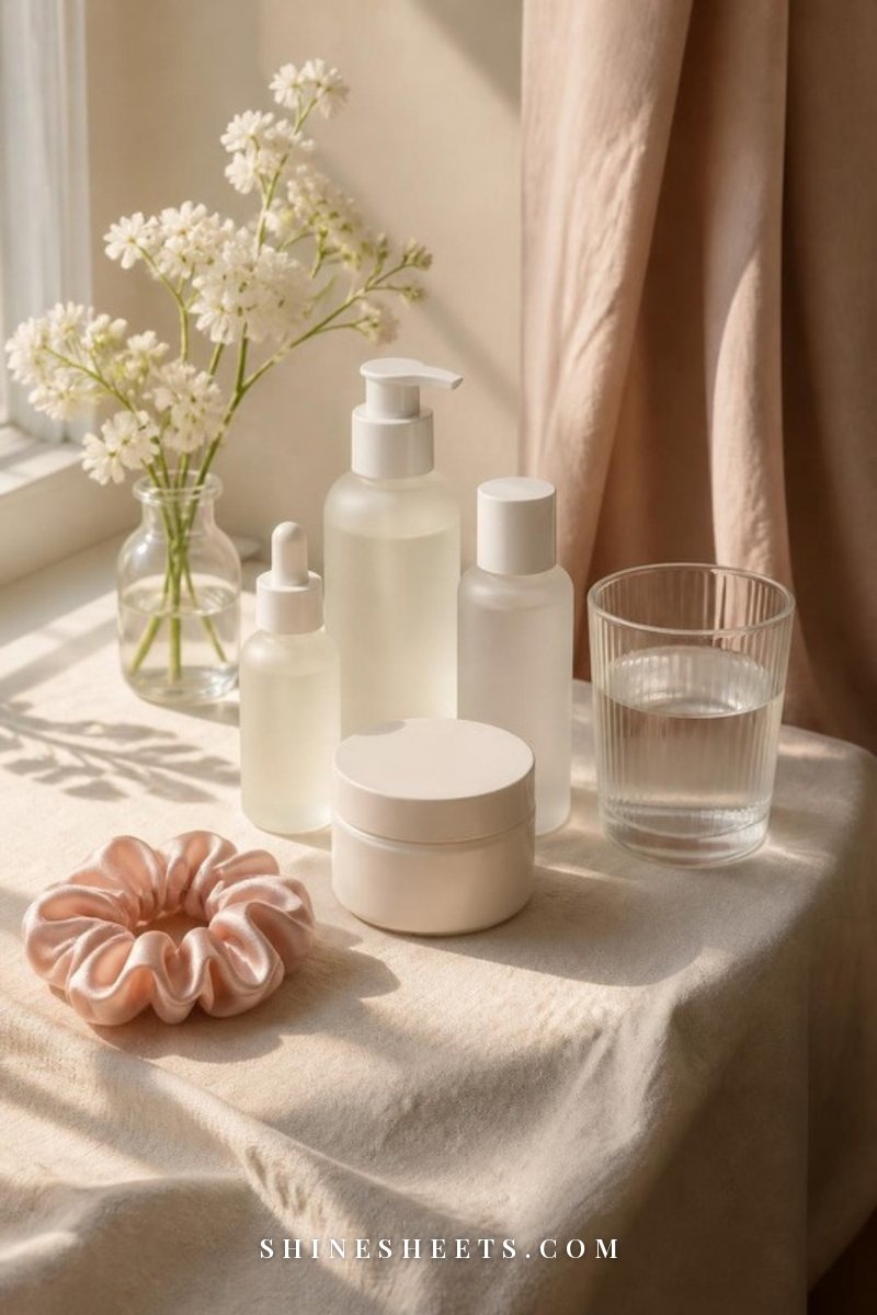 Soft morning light on a cream linen vanity with a few unlabeled skincare bottles, a glass of water and a blush silk scrunchie