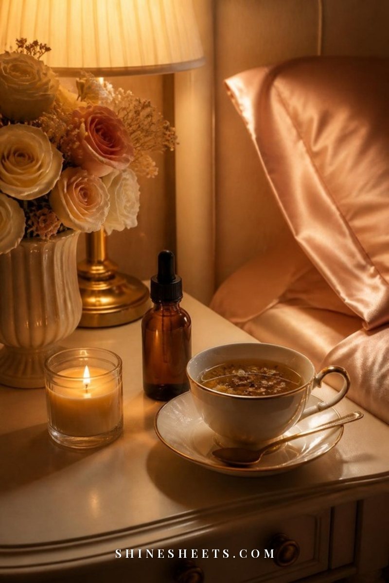 An unlabeled amber dropper bottle beside a lit glass candle and a cup of evening tea on a cream nightstand