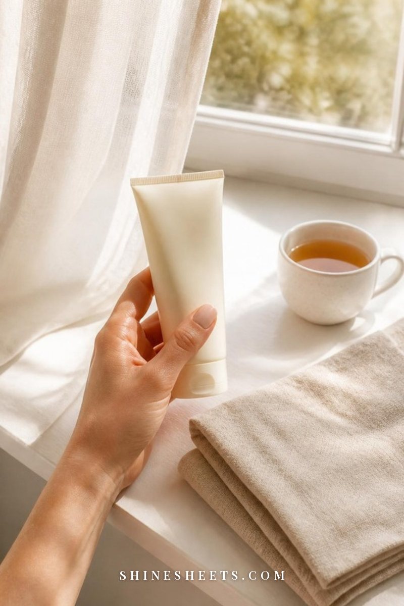 A woman's hand holding an unlabeled cream sunscreen tube on a sunlit windowsill with a linen towel and a white ceramic cup