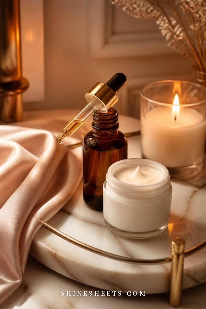 Amber glass dropper serum bottle beside a glass candle and a small jar of night cream on a cream vanity tray in warm evening light