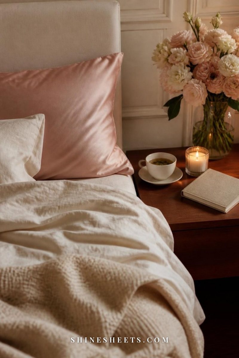 Bed with a blush silk pillowcase and cream linen sheets, a cup of herbal tea and a lit glass candle on the nightstand in soft evening light