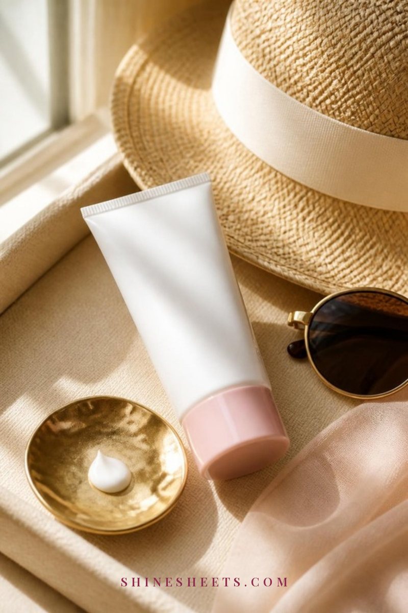 White tube of mineral sunscreen with a soft pink cap on a cream linen tray beside a straw sun hat in bright morning light
