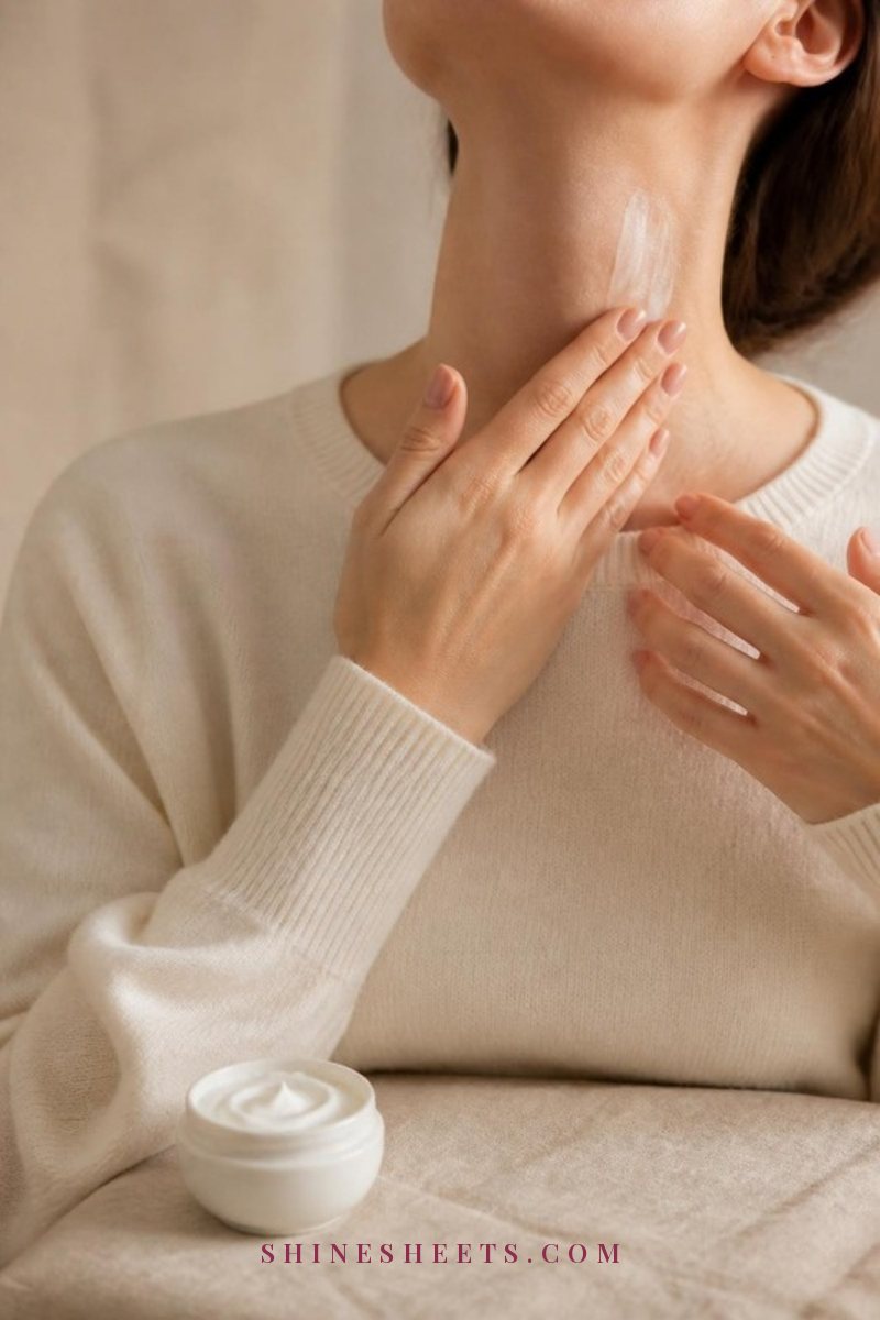 Woman's hands smoothing rich white cream onto her collarbone above a cream silk camisole, a ceramic jar of cream nearby in soft daylight