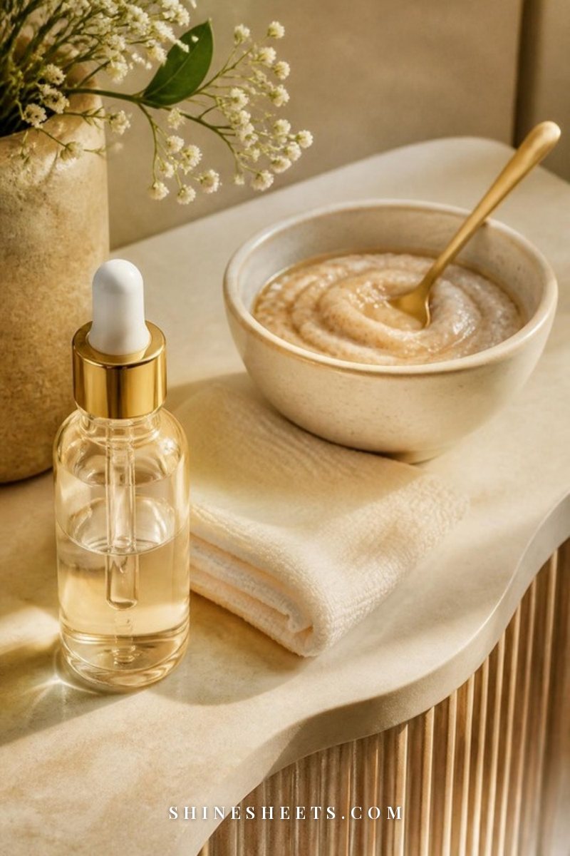 A cream ceramic bowl of facial scrub set aside next to a single glass serum bottle on a beige vanity