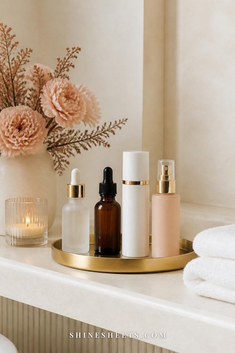 Four unlabeled skincare bottles lined up in a neat row on a gold tray on a cream bathroom shelf