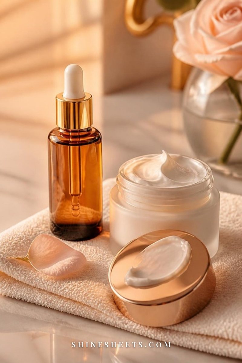 A glass serum bottle beside an open jar of thick cream moisturizer on a soft cream towel