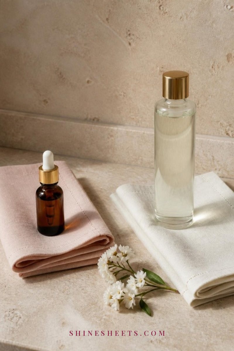 A retinol serum bottle and an exfoliating toner bottle placed apart on two separate blush linen napkins