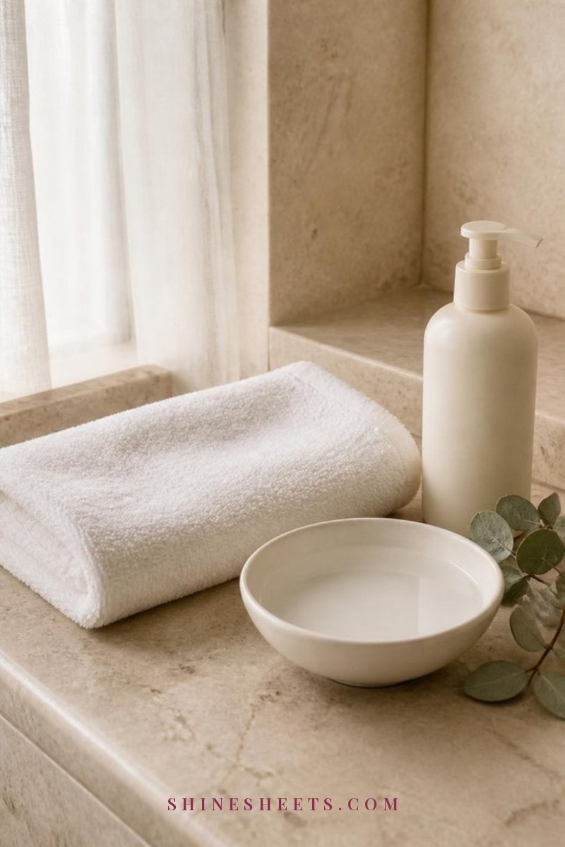 A freshly folded white cotton face towel, a small bowl of water and a cream cleanser bottle on a beige bathroom counter