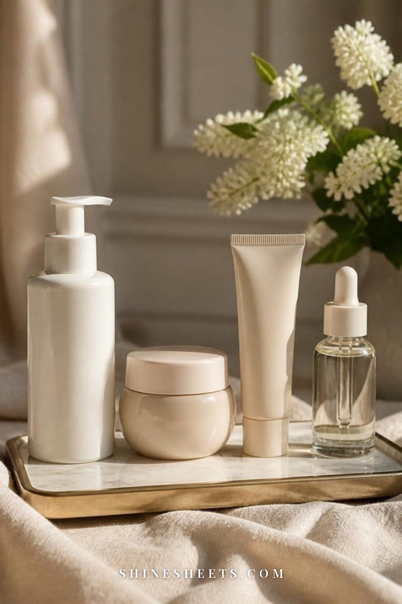 A gentle cleanser, a moisturizer jar, a sunscreen tube and a serum bottle lined up on a cream marble tray in soft morning light