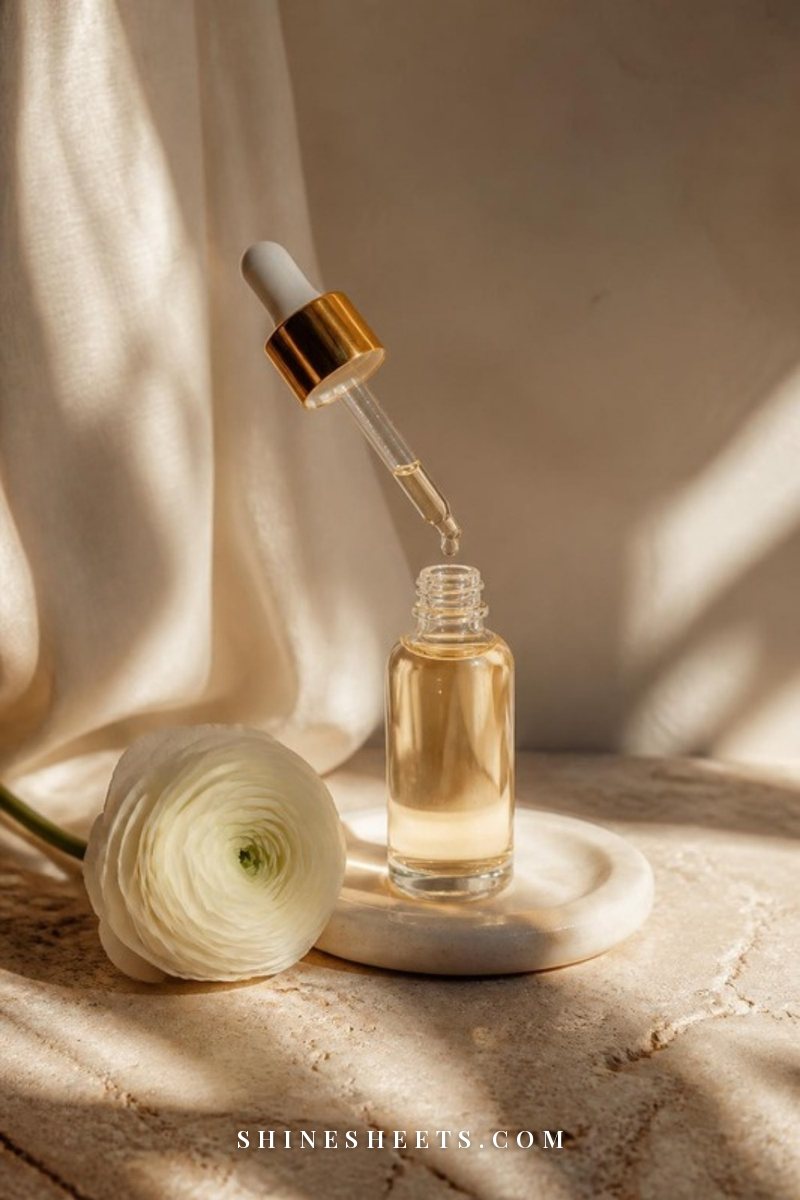 A single glass serum bottle with a dropper resting on a cream ceramic dish beside a white flower in soft light