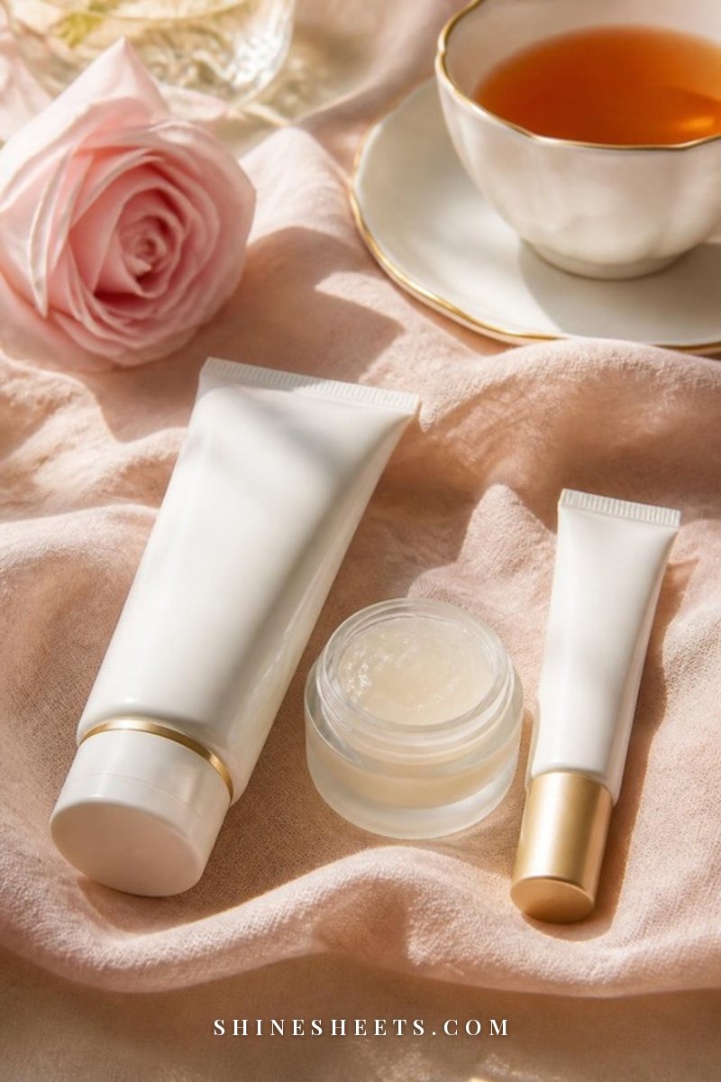 Three morning skincare steps, cleanser, lightweight moisturizer and sunscreen, arranged in order on a blush linen cloth