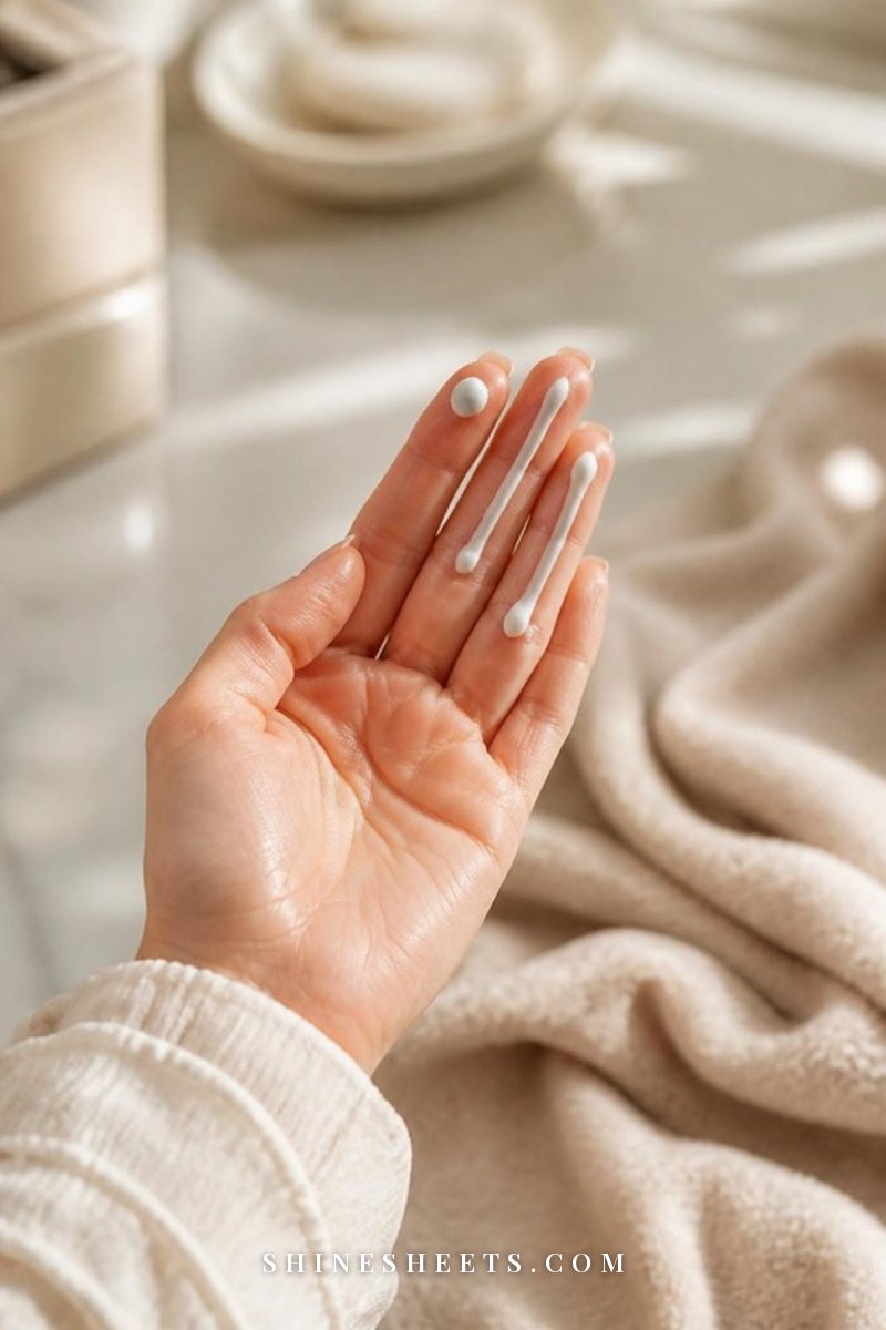 A woman's fingertips holding a pea-sized dab of moisturizer and two lines of sunscreen, cream and blush tones
