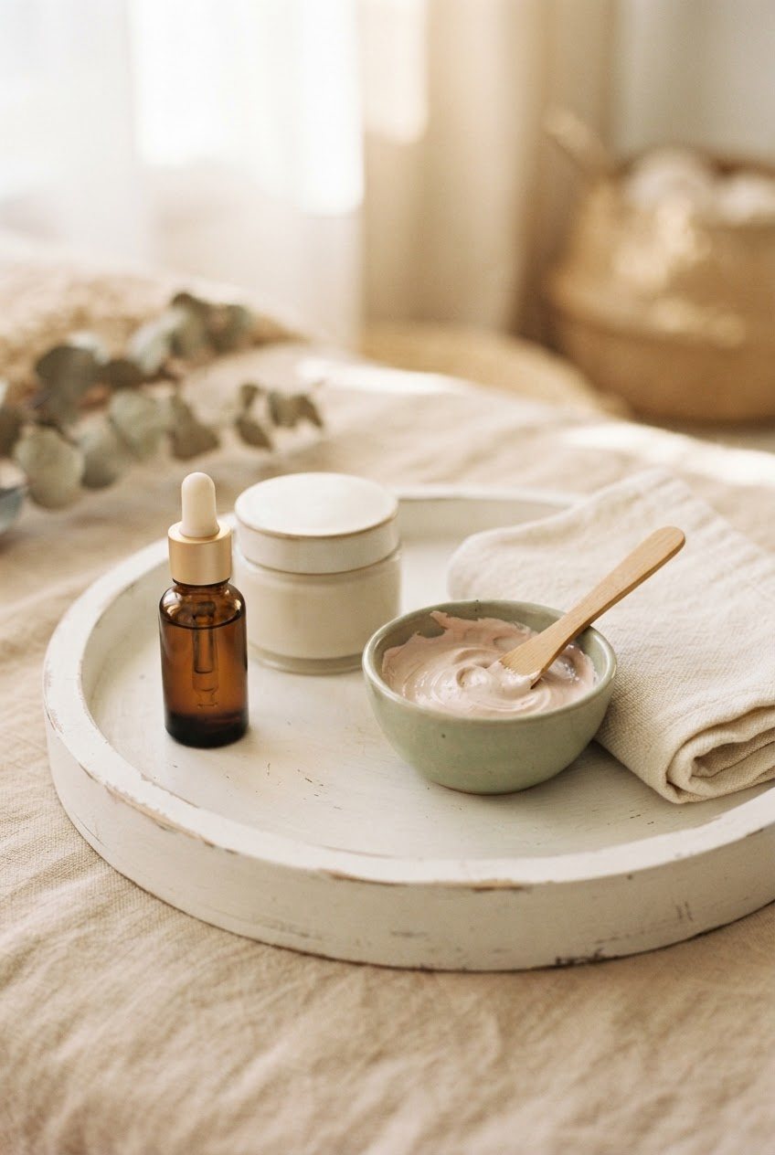 Small dropper bottle, a jar of cream and a sage green clay mask bowl on a white tray with a folded linen towel