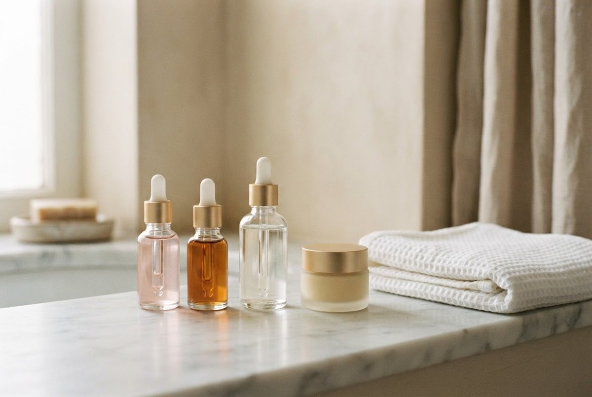 Glass dropper bottles, a cream jar and a folded white towel on a marble bathroom shelf in soft morning light