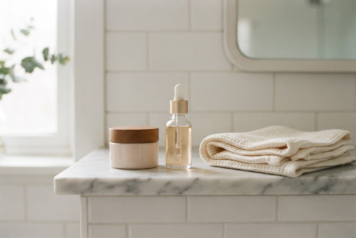 Unlabeled cream jar, a glass dropper bottle and a folded ivory towel on a marble bathroom shelf in soft morning light
