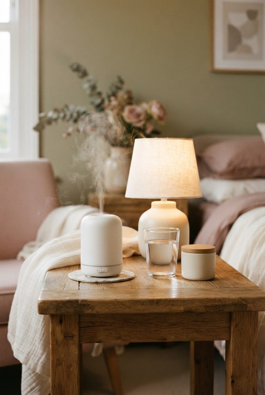White cool mist humidifier, a glass of water and an unlabeled cream jar on a bedside table with an ivory linen throw