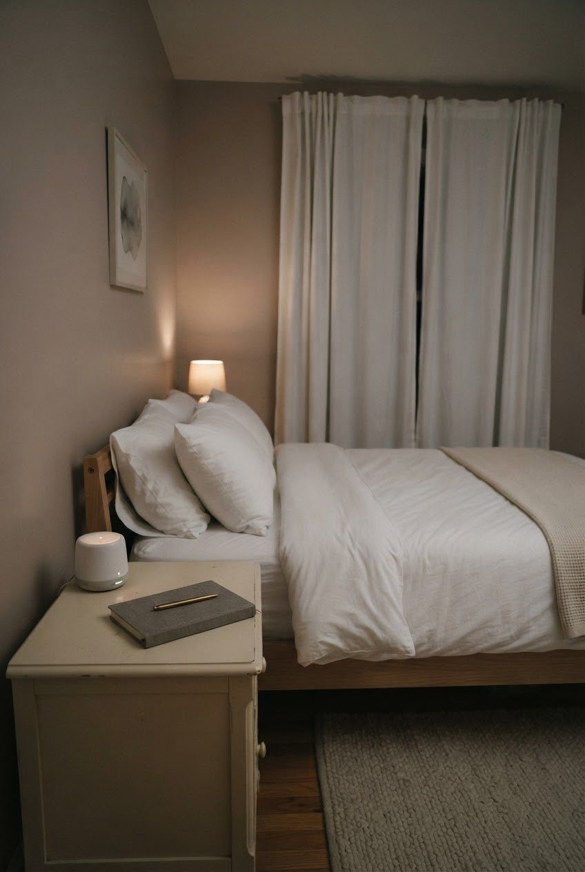 Dim bedroom with white blackout curtains, a neatly made bed with white bedding, a small white noise machine and a closed notebook on a cream nightstand