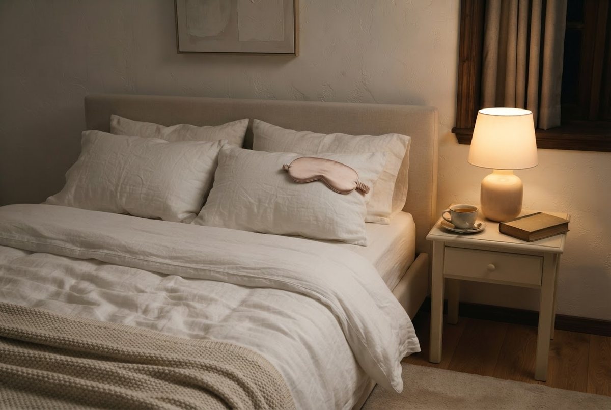 White linen bed with soft pillows, a blush silk sleep mask and a cup of herbal tea on a cream nightstand in dim evening light