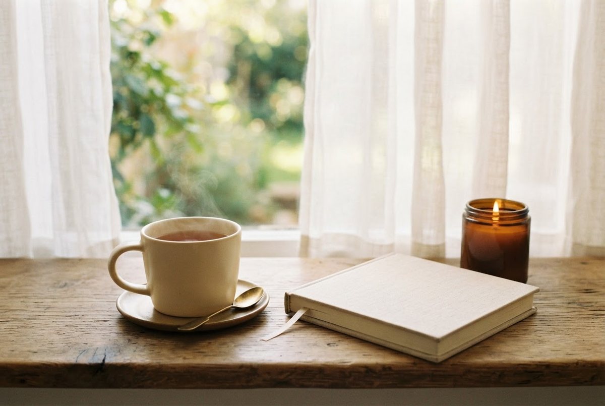 Cream ceramic mug of tea, a blank linen journal and a glass candle on a wooden windowsill in soft morning light
