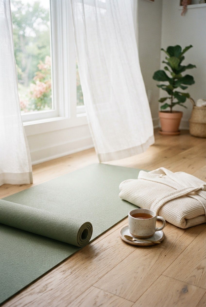 Sage yoga mat, a folded cream robe and a cup of tea beside a bright window with sheer linen curtains