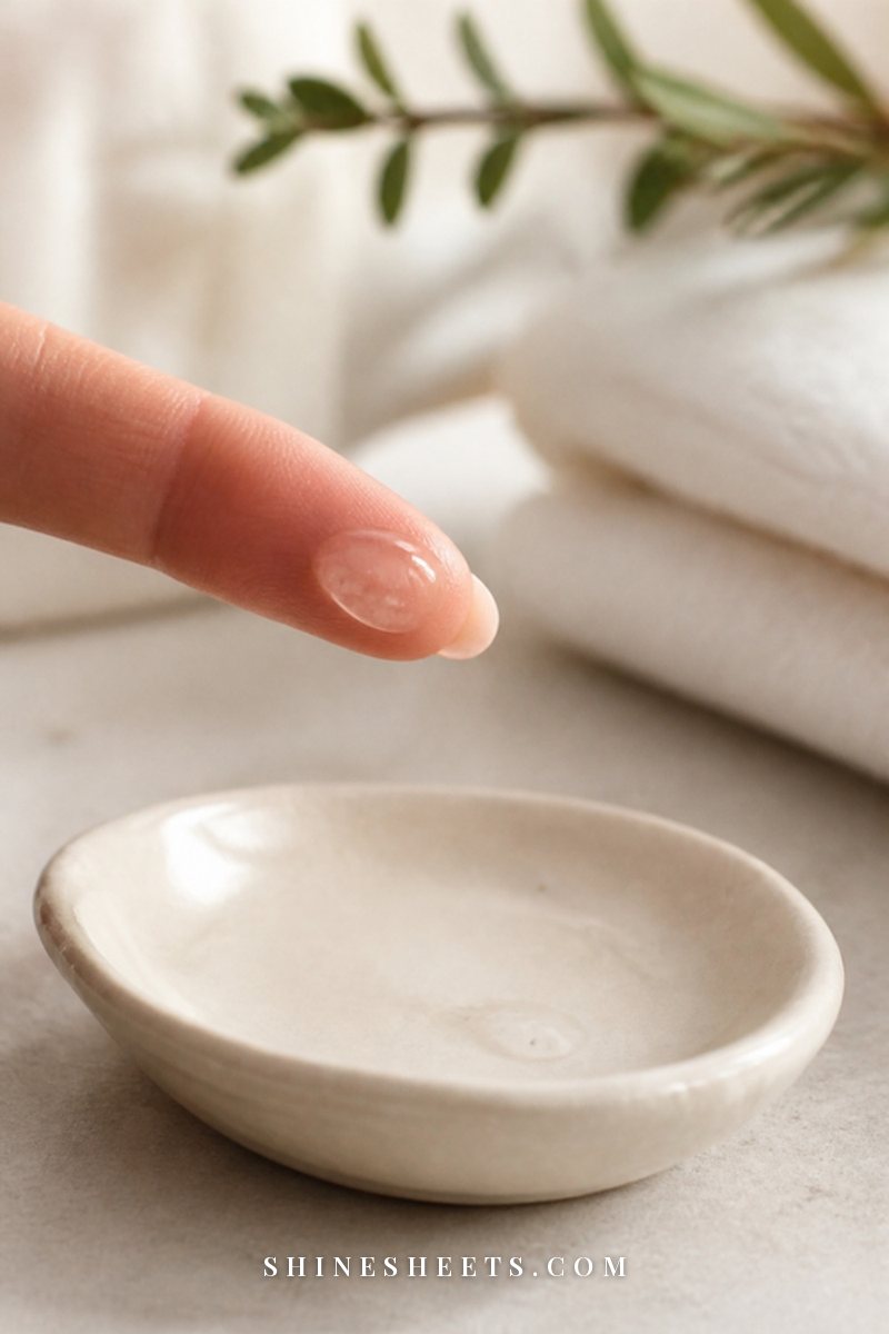 Close-up of a small amount of clear balm on a fingertip above a cream ceramic dish in soft morning light