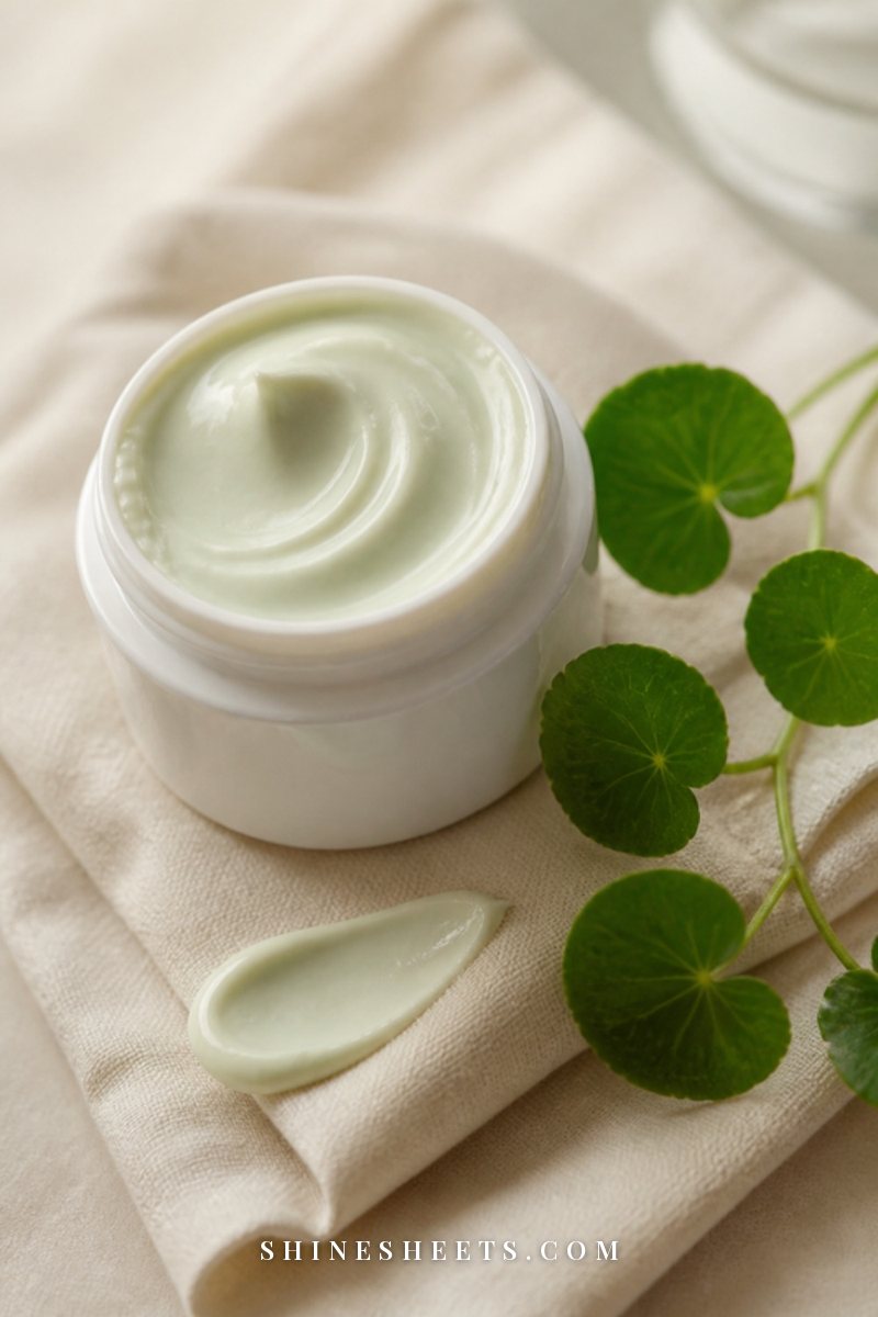 Cream tube of balm and a small pot of cica cream on a beige linen cloth with a sprig of greenery