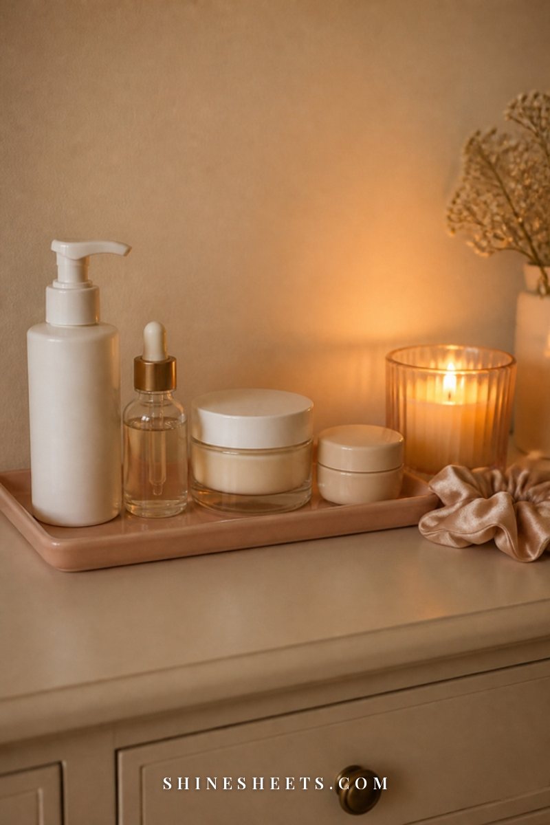Evening skincare lineup of a cleanser, serum, moisturizer and ointment on a blush tray by candlelight