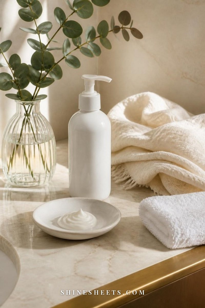 Minimal skincare still life with a gentle cleanser, a light gel moisturizer and a white towel on a cream counter