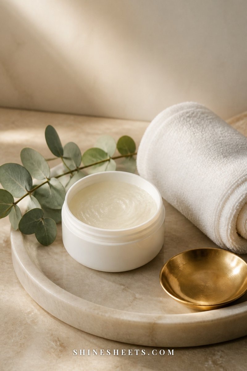Small open tub of clear healing ointment on a cream marble tray beside a white towel and a sprig of eucalyptus
