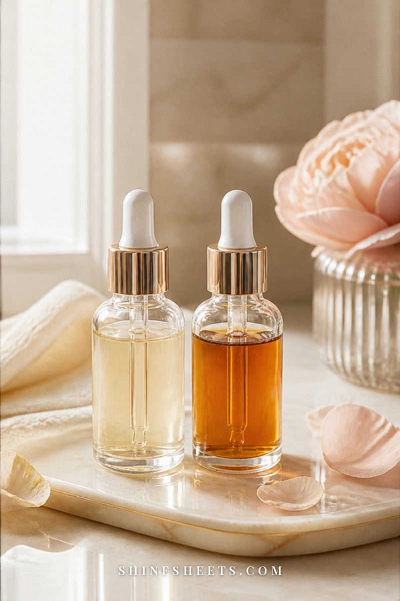 Two small glass serum bottles kept apart on a cream shelf beside a jar of rich cream and a white flower