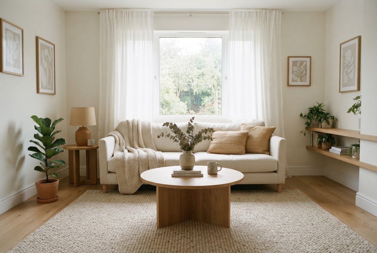 Small bright living room with a cream sofa, sheer white curtains, a large neutral rug and a round wooden coffee table in soft daylight