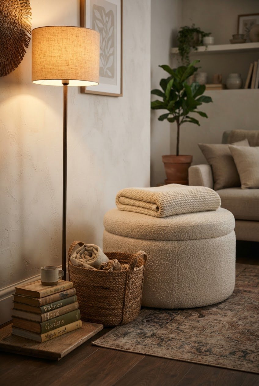 Cream storage ottoman with a folded knit throw, a woven basket and a stack of books beside a cream floor lamp in a small living room