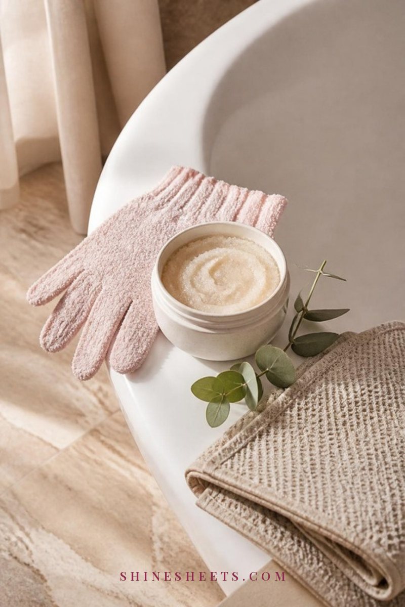 Cream jar of body scrub, pink exfoliating gloves and a folded beige towel on the edge of a white bathtub