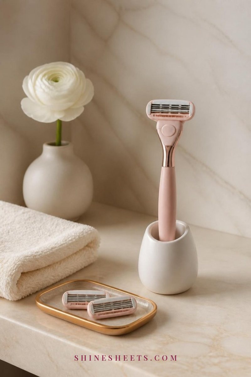 A pink women's razor resting upright in a white razor holder on a clean cream bathroom shelf beside a folded towel