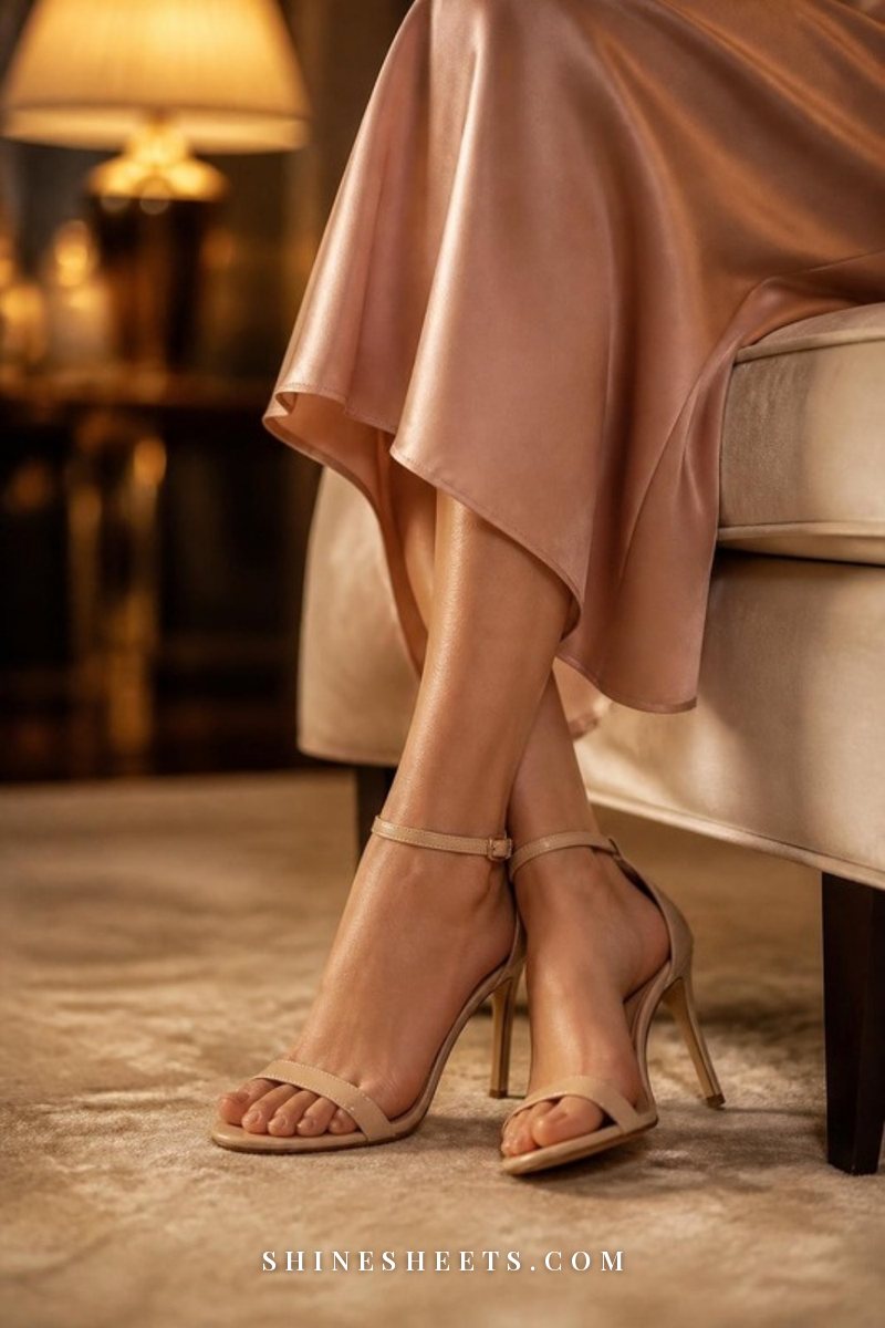 Smooth, softly shimmering legs of a woman in a blush satin slip dress, seated on a cream velvet chair in warm evening light